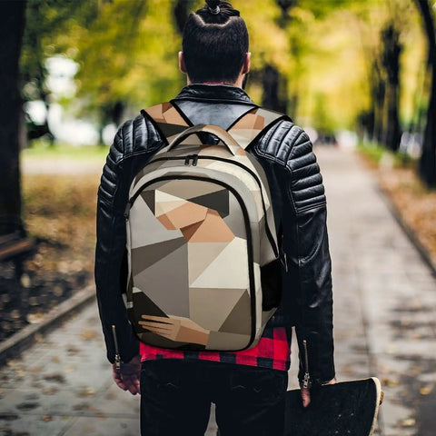 Low Poly Papercraft Reader Portrait Backpack worn by man in black jacket outdoors, showing large capacity printed design.