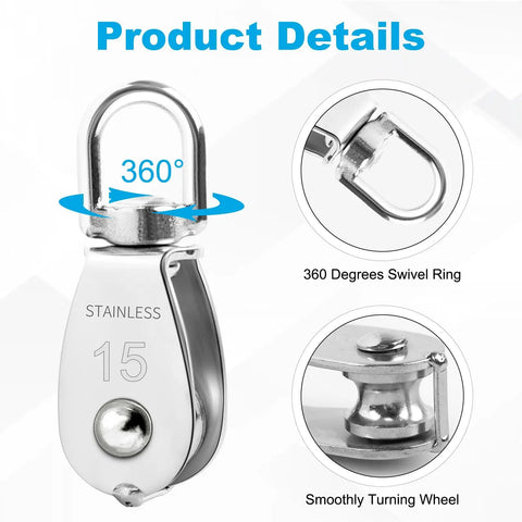 12 Pack M15 Pulleys For Rope And Cable 304 Stainless Steel Wire Pulley Wheel showing 360-degree swivel and smooth wheel