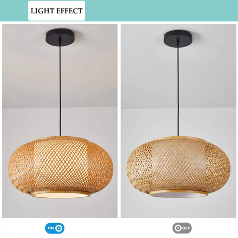 Basket Weave Bamboo Pendant Light With Natural Rattan Shade, 15 Inch Single Bulb Chandelier For Kitchen Island Or Nursery, E26 Bulb Included, Dimmable Ready, Cozy Modern Farmhouse Vibe, demonstrating light on and off effect on white ceiling