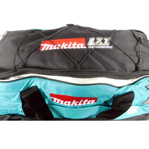 Beefy Wheeled Tool Duffel Bag With Slick Rollers And Rock Solid Handles For Portable Contractor Gear Transport And Massive Jobsite Storage Solutions, top view showcasing black and teal design with Makita branding.