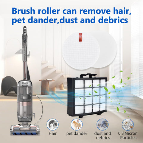 Soft Brush Roll Replacement And Filter Kit For Vertex DuoClean PowerFin Upright Vacuum AZ2002 AZ2000 AZ2000W Includes Part 1483FC2000 XHFA2000 And XFFKAZ2000 Easy Fit Durable Hair Pickup For Cleaner Floors And Pets displayed with vacuum and filter set