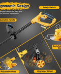 Ergonomic Beast Cordless Electric Weed Wacker with wheels, yellow handle, safety switch, adjustable head and upgraded wheel.