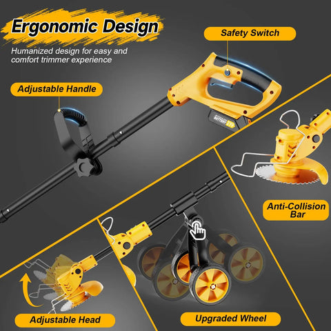 Ergonomic Beast Cordless Electric Weed Wacker with wheels, yellow handle, safety switch, adjustable head and upgraded wheel.