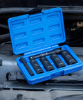 Half Size One Half Inch Impact Thin Wall Flip Lug Nut Socket Set in blue case on engine, includes 5 Inch Extension Bar