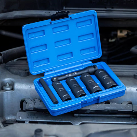 Half Size One Half Inch Impact Thin Wall Flip Lug Nut Socket Set in blue case on engine, includes 5 Inch Extension Bar