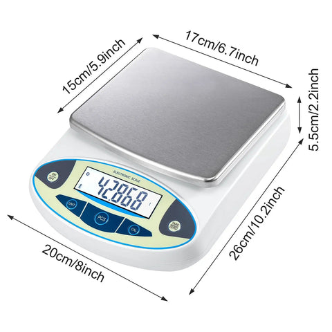 High Precision Digital Lab Scale 6000g X 0.01g With 13 Unit Conversions Large LCD Display Analytical Balance dimensions view