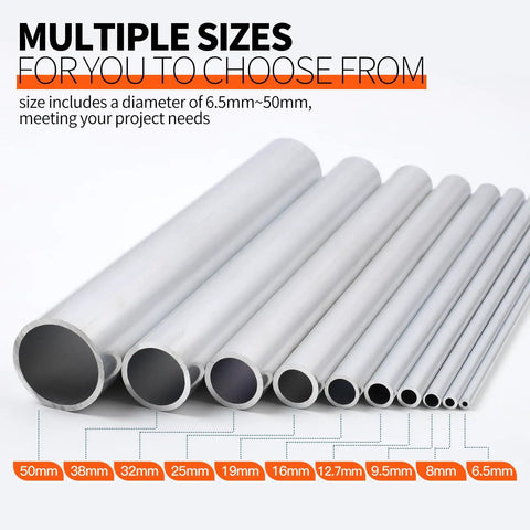 Different sizes of aluminum tubing ranging from 6.5mm to 50mm, showcasing options for 6061 Aluminum Tubing 1-1/2 Inch Outer Diameter 1-1/4 Inch Inner Diameter 13 Inch Length Seamless Round Tube 3mm Wall Built To Last Rugged For Industrial DIY Projects Furnishings And Decor.