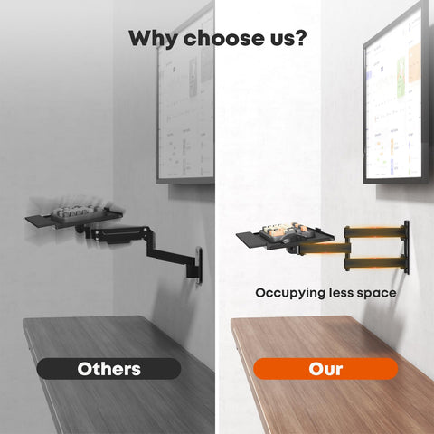 Comparison image of Heavy Duty Wall Mount Keyboard Tray With Adjustable Articulating Arm And Expanded Metal Deck, showing space-saving design.