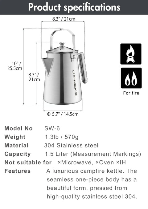 1.5L Campfire Kettle For Camping Stainless Steel Coffee Pot With Seamless One Piece Molded Body Durable Outdoor Water Boiler side view