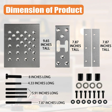 Dimensions of Universal 30 Ton Bearing and Bushing Press Fixture Kit components: high strength aluminum plate and parts for hydraulic shop press.