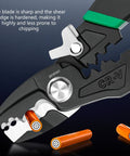 Kick Butt With This Badass 8 Inch Electrical Wire Tool Crimping And Stripping Made Tough High Grade Steel Compact Design showing sharp blade and orange wire.