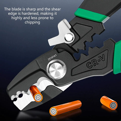 Kick Butt With This Badass 8 Inch Electrical Wire Tool Crimping And Stripping Made Tough High Grade Steel Compact Design showing sharp blade and orange wire.