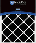 Two Pack 20x20x4 Pleated Air Filter With Carbon Media, MERV 15 Plus, shown against package with diamond pattern design