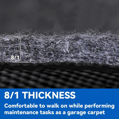 Close-up of Triple Layer Garage Floor Mat with Waterproof Barrier and Non Slip Backing showing 8/1 thickness detail.