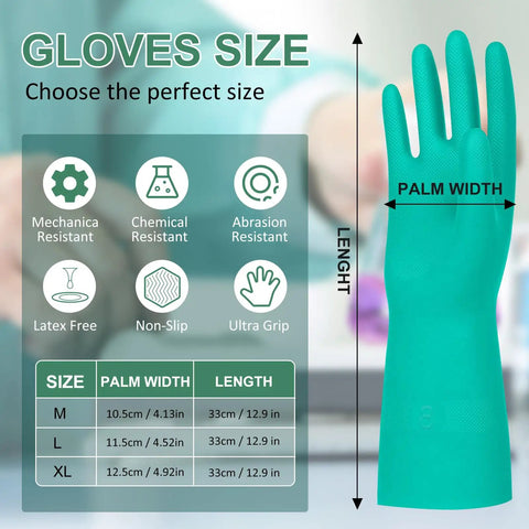 Glove size chart for Heavy Duty Nitrile Chemical Resistant Work Gloves 10 Pairs Long Cuff Industrial Grade.
