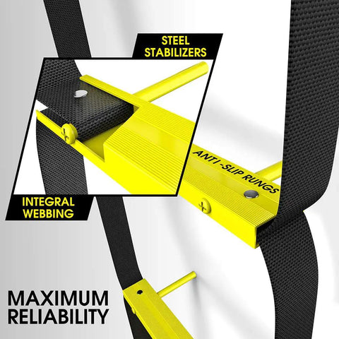 Close-up view of 13 Ft Rope Emergency Ladder For Two Story Homes Foldable Portable Balcony Escape with steel stabilizers and anti-slip rungs.