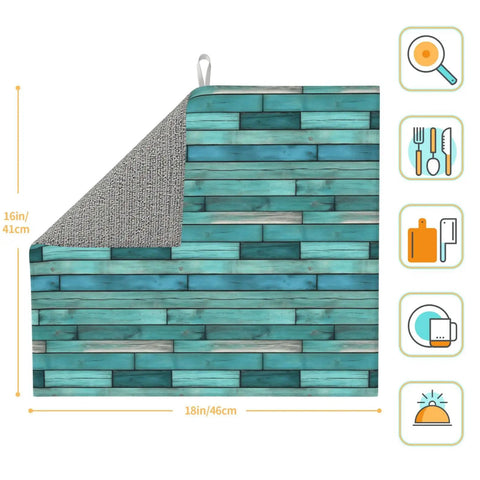 Cyan Wood Grain Dish Drying Mat For Kitchen Counter With Ultra Absorbent Microfiber Surface Dries Fast And Wipes Up Easily Machine Washable 16x18 Inches Ideal Rack Mat For Countertop, showing dimensions and design.
