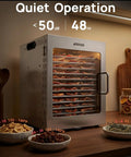 Top Shelf Heavy Duty 12 Tray Food Dehydrator With 800W Dual Fan And 48H Timer for making jerky and fruits on kitchen counter.