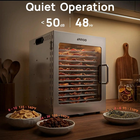 Top Shelf Heavy Duty 12 Tray Food Dehydrator With 800W Dual Fan And 48H Timer for making jerky and fruits on kitchen counter.