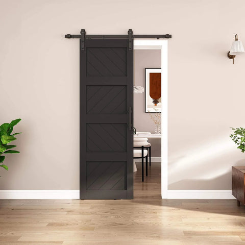 Slim 28 By 84 Inch Wave Shape Black Sliding Barn Door With Hardware Kit, Four Panel, Waterproof, Pre Drilled Holes Installed in Living Room