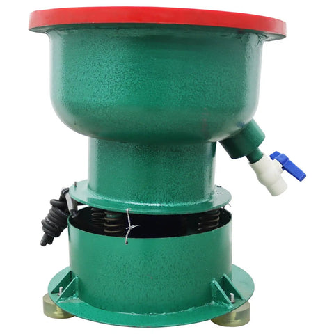 No Sweat Heavy Duty 40L Vibration Polishing Machine For Metal Hardware Parts Quick Deburring And Chamfering Tool Smooth As Butter 1440Rpm Electric Motor Setup side view showing green drum and top red lid