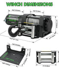Detailed dimensions of the 3500 Lb 12V Electric Winch For ATV UTV Boat with roller fairlead and steel cable visible.