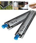 Heavy Duty Slick Glide Full Extension Drawer Slides With Secure Locking Feature For Cabinets And Dressers Featuring Built Tough Reliability In 500Mm 800Mm Or 1200Mm, steel tracks with blue safety latches.