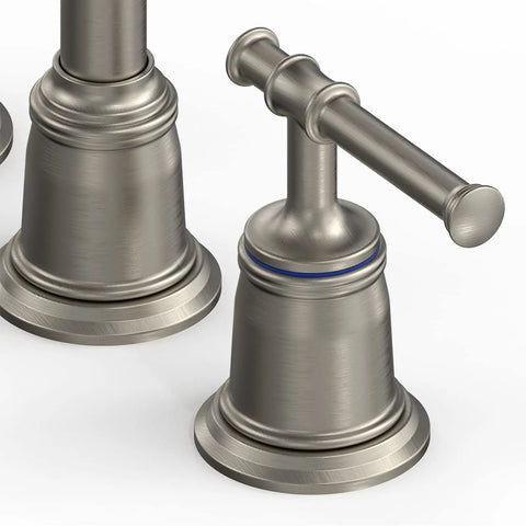 Close-up of brushed nickel handle on Widespread 8 Inch Brushed Nickel Bathroom Faucet Dope Pop Up Drain, 3 Hole Sink Setup