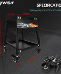 Movable Dirt Bike Stand With Wheels Motorcycle Lift Panel For Heavy Duty Use, front view, black metal frame, casters shown