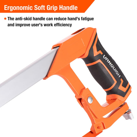 Frame Hack Saw With 12 Inch Blade For Gardeners And DIY Pros, Dual 45 And 90 Degree Angles, visible ergonomic soft grip handle