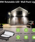 100W Rotatable LED Wall Pack Light illuminating house exterior, showcasing adjustable head and 60° beam for outdoor areas.