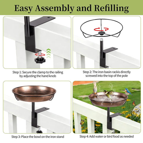 Badass Deck Mounted Metal Bird Bath For Your Backyard Folks With Detachable 12 Inch Birdbath Bowl installation guide showing assembly steps.