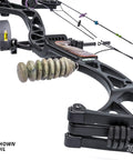 Close-up of camo S-Coil Bow Stabilizer 4.5 Inch NAVCOM Vibration Dampening For Silent, Smooth Shots mounted on a bow.