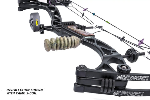 Close-up of camo S-Coil Bow Stabilizer 4.5 Inch NAVCOM Vibration Dampening For Silent, Smooth Shots mounted on a bow.