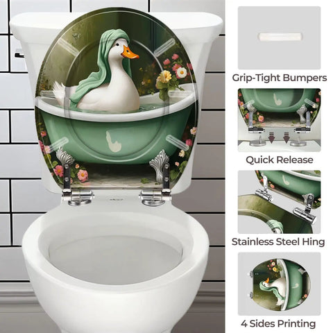 Toilet Seat Resin for Bathroom with a decorative duck design, adjustable fitting, and stainless steel hinges, suitable for various toilets.