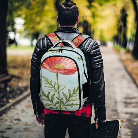 Man wearing Red Poppy Watercolor Print Backpack For Men And Women, Large Capacity Unisex Daypack in park