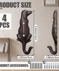 Kickass Cast Iron Dog Tail Hooks, Straight Up 4 Pack Wall Mount Leash Holders With Screws and Anchors, size dimensions displayed.