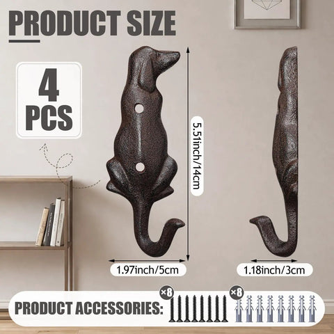 Kickass Cast Iron Dog Tail Hooks, Straight Up 4 Pack Wall Mount Leash Holders With Screws and Anchors, size dimensions displayed.