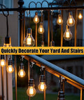 Outdoor string lights hanging along a railing, showcasing 'Quickly Decorate Your Yard And Stairs' text with a warm glow.