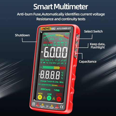 All In One True RMS Multimeter Tester With Color LCD Display 6000 Counts Auto Ranging Smart Pro Grade Rechargeable Meter For AC DC Voltage Current Resistance Diodes Continuity Capacitance Temperature And NCV, front view with interface details.