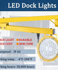 Rugged Dockside LED Work Light 30W With Rotating Head, IP65 Waterproof, Clear Glass Lens, Fully Sealed Housing, 5500 Lumens, 45-Inch Foldable Arm, Ideal For Docks, Containers And Yard Jobs, yellow wall-mounted dock light