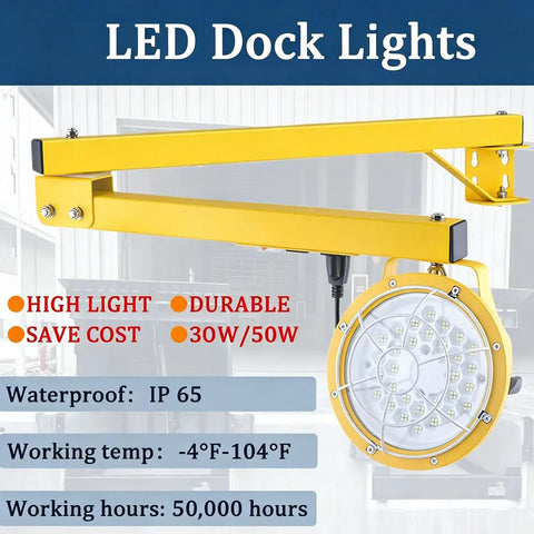 Rugged Dockside LED Work Light 30W With Rotating Head, IP65 Waterproof, Clear Glass Lens, Fully Sealed Housing, 5500 Lumens, 45-Inch Foldable Arm, Ideal For Docks, Containers And Yard Jobs, yellow wall-mounted dock light
