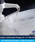 Pro Grade Epoxy Kit For Marine Grade Resin And Hardener Crystal Clear For Woodworking Fiberglass Boat Building And Repairs 1.5 Quart Medium Low Viscosity Non Blushing System with calibrated pump dispensing resin into container.