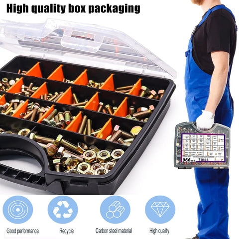 Mega Heavy Duty Metric Bolt And Nut Kit 966 Piece Grade 8 8 With Portable Storage Box Includes M4 To M8 Hex Bolts Nuts And Washers