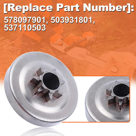 Pro Grade.325 Inch 7T Clutch Drum Sprocket For Husqvarna chainsaw close-up with part numbers 578097901, 503931801, 537110503