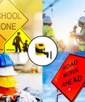 Collage with Magnetic Wall Mount Retractable Belt Barrier, school zone sign, construction workers, safety helmets, and road work sign.