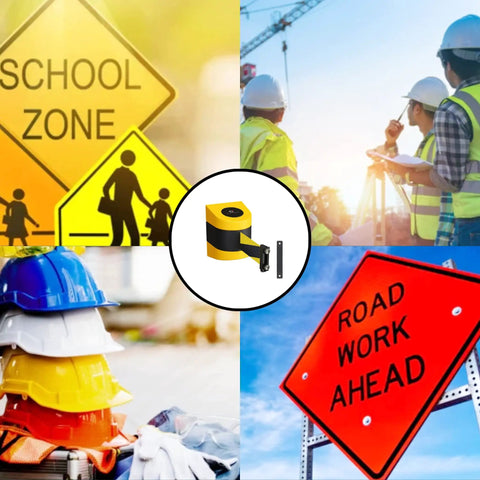 Collage with Magnetic Wall Mount Retractable Belt Barrier, school zone sign, construction workers, safety helmets, and road work sign.