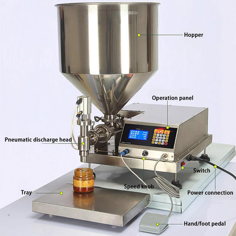 Rock Solid Automatic Liquid Filler Machine With Dripless Stainless Steel Nozzles Smart Touchscreen Control For Honey Oyster Sauce Jam And Butter Packaging showing hopper, operation panel, and pneumatic discharge head.