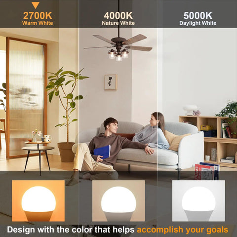 Living room lighting display with 2700K warm white, 4000K nature white, and 5000K daylight white gradient.