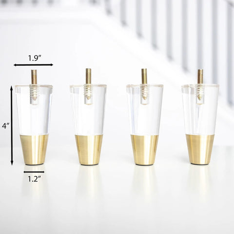 Gold Cap Clear Acrylic Furniture Legs Set Of 4 With Mid Century Style For Sofa Couch Chair Table Dresser Cabinet Easy Install